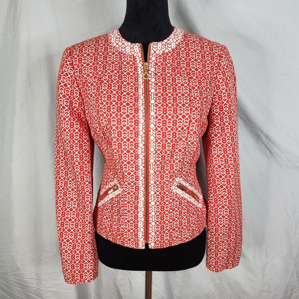 JONES NEW YORK Size Large Red‎ White Jacquard 100% Cotton Full Zip Blazer Jacket - Picture 2 of 13
